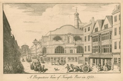 Perspektivische Ansicht von Temple Bar, London, im Jahr 1753 von English School