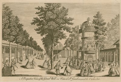 Eine perspektivische Ansicht des Grand Walk in den Vauxhall-Gärten, London, und des Orchesters von English School