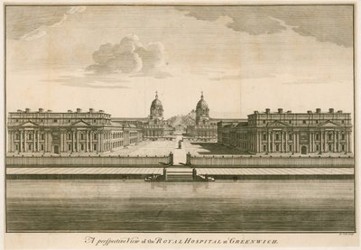 Eine perspektivische Ansicht des Königlichen Hospitals in Greenwich, London von English School