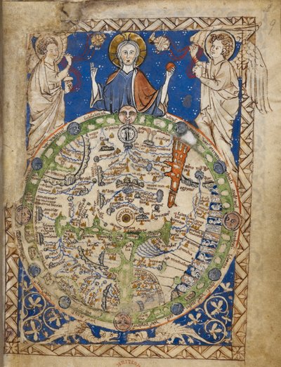 Eine runde Weltkarte, in einem quadratischen Zierrahmen, Jerusalem im Zentrum, mit einer Zone der Winde, Figuren von Bewohnern usw. von English School