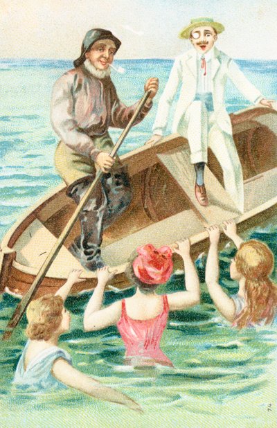 Ein Matrose rudert ein Boot, während Badegäste an der Seite des Bootes ziehen von English School