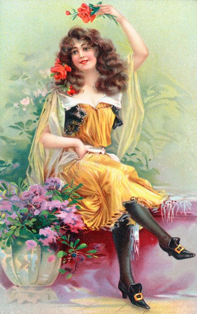 Eine sitzende junge Frau mit Blumen im Haar von English School
