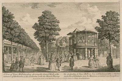 Eine Ansicht der Vauxhall-Gärten, London, zeigt den Grand Walk am Eingang des Gartens und das Orchester mit Musik von English School