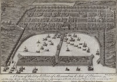 Ansicht der Stadt und des Hafens von Alexandria und der Insel Pharos, Ägypten, 1738 von English School