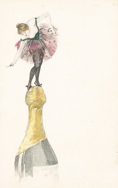 Eine Frau steht auf einer Champagnerflasche von English School