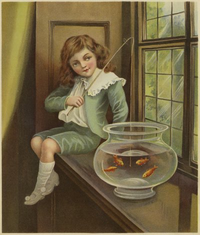 Ein Junge hält eine Angelrute in eine Schüssel mit Goldfischen von English School