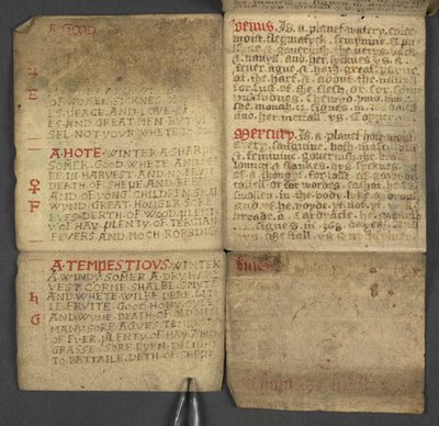 Almanach, enthält Tabelle der Sonntagsbuchstaben und goldenen Zahlen; Anweisungen zur Bestimmung der beweglichen Feste; Kalender der Heiligen, Epochen, Liste der englischen Herrscher, Wetterprognosen, Einfluss der Tierkreiszeichen von English School