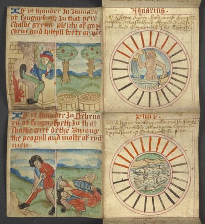 Wassermann & Fische, aus dem Almanach, enthält Tabelle der dominikalen Buchstaben und goldenen Zahlen; Anweisungen zur Bestimmung der beweglichen Feste; Kalender der Heiligen, Epochen, Liste der englischen Herrscher, Wettervorhersagen, Einfluss der Tierkre von English School