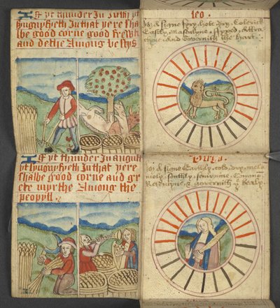 Leo & Virgo, aus Almanach, enthält Tabelle der Sonntagsbuchstaben und goldenen Zahlen; Anweisungen zur Bestimmung der beweglichen Feste; Kalender der Heiligen, Epochen, Liste der englischen Herrscher, Wetterprognosen, Einfluss der Tierkreiszeichen von English School