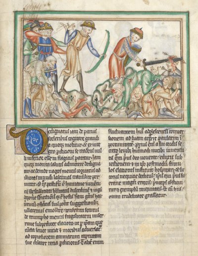 Add 35166 f.35 Menschen werden getötet, biblische Szenen aus der Apokalypse des heiligen Johannes, Apokalypse auf Latein mit Kommentar (Tinte & Farbe auf Pergament) von English School