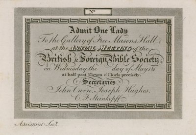 Eintrittskarte für die jährliche Versammlung der Foreign Bible Society in der Freemasons Hall von English School
