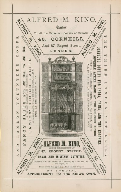 Werbung für Alfred M Kino, Schneider, 40 Cornhill und 87 Regent Street, London von English School