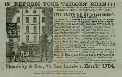 Werbung für Doudney & Son, City Clothing Establishment, 49 Lombard Street, London von English School