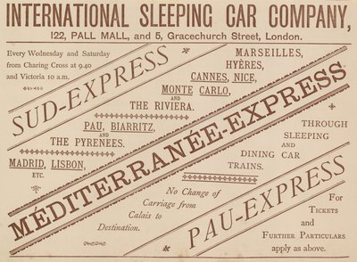 Anzeige für die International Sleeping Car Company, 122 Pall Mall und 5 Graceshurch Street, 1888 von English School