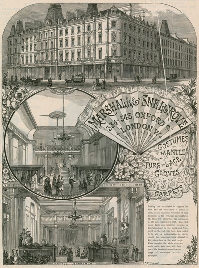 Werbung für Marshall & Snelgrove, Seidenhändler, Spitzenhändler, Strumpfhändler, Vere Street, Oxford Street, London von English School