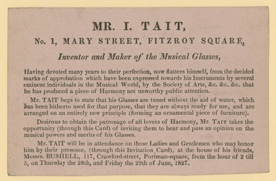 Anzeige für Mr. I. Tait, Erfinder und Hersteller der musikalischen Gläser von English School