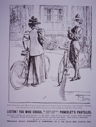 Werbung für Poncelets Pastillen mit Radfahrerinnen, eine trägt Knickerbocker von English School
