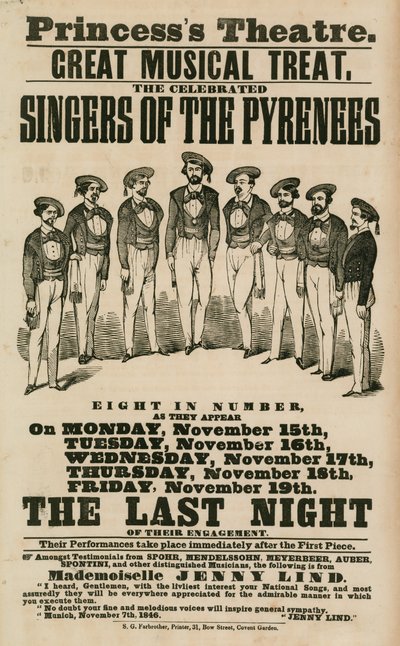 Anzeige für das Princesss Theater, London, mit den Sängern der Pyrenäen von English School