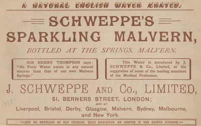 Anzeige für Schweppes Sparkling Malvern, abgefüllt an den Quellen, Malvern von English School