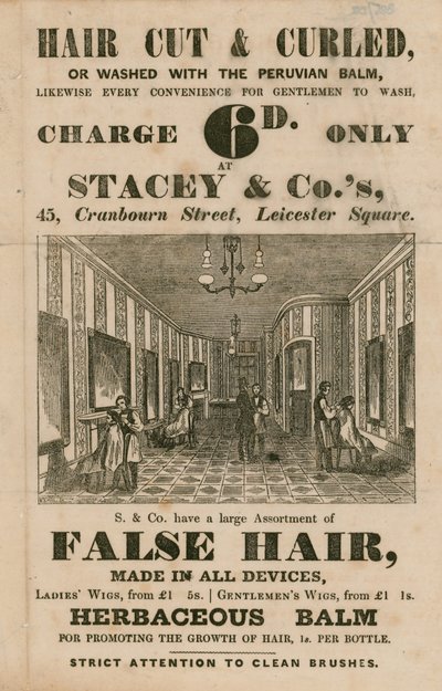 Werbung für Stacey & Co., 45 Cranbourne Street, Leicester Square, London, Friseure von English School