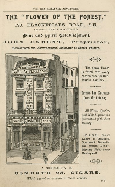 Werbung für The Flower of the Forest, 123 Blackfriars Road, London von English School