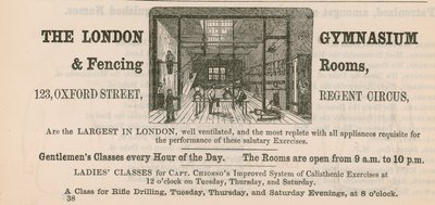 Werbung für das Londoner Gymnasium & Fechträume, 123 Oxford Street, Regent Circus von English School