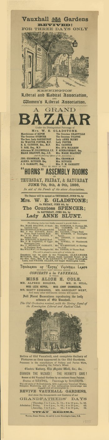 Werbung für einen großen Basar in den Vauxhall Gardens von English School