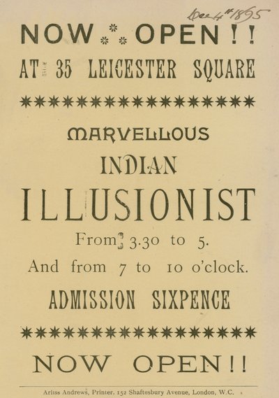 Werbung für einen indischen Illusionisten, der in 35 Leicester Square, London, auftritt von English School