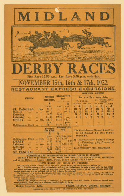 Werbung für Bahnausflug zu den Midland Derby Races, 15.-17. November 1922 von English School