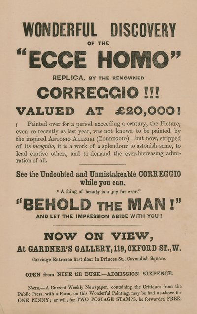 Werbung für die Ausstellung einer Replik des Gemäldes Ecce Homo von Correggio (Antonio Allegri) von English School