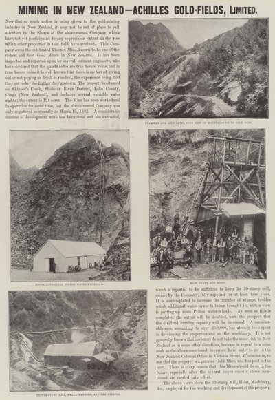 Werbung, Bergbau in Neuseeland, Achilles-Goldfelder (Gravur) von English School