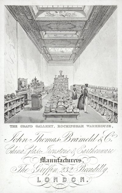 Werbung für John Thomas Brameld und Co, Hersteller von Porzellan, Glas, Eisenstein und Steingut, London von English School