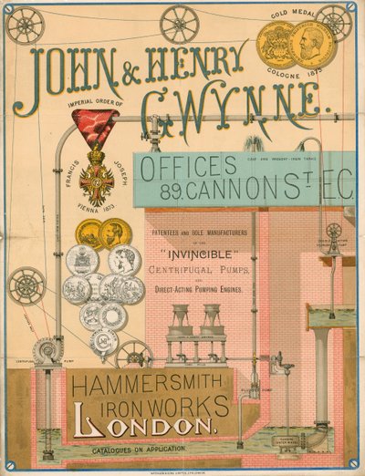 Werbung für John und Henry Gwynne, 89 Cannon Street, London, Hersteller der Unbesiegbaren Zentrifugalpumpe von English School