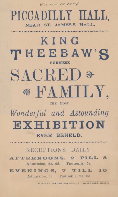 Werbung für König Theebaws Burmesische Heilige Familie von English School