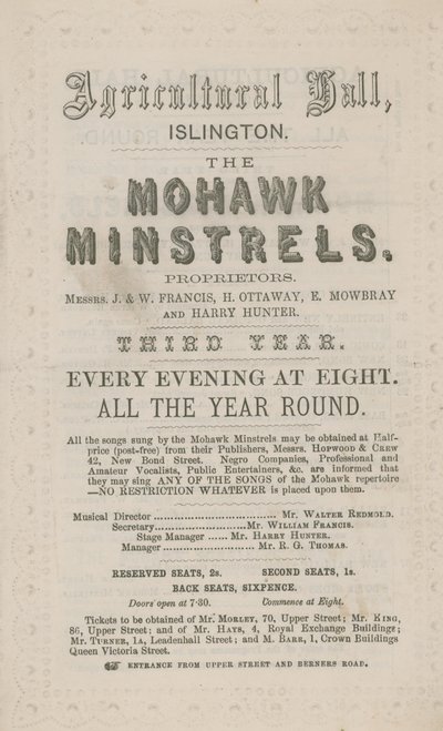 Werbung für die Mohawk Minstrels in der Landwirtschaftshalle von English School