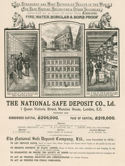 Werbung für die National Safe Deposit Company, 1 Queen Victoria Street, Mansion House, London von English School