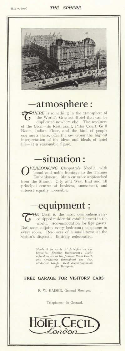 Werbung für das Hotel Cecil, London von English School