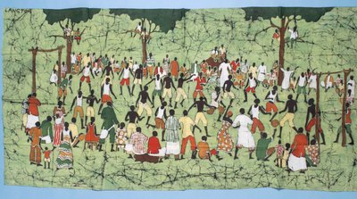 Afrikanisches Batik, das ein Fußballspiel mit Zuschauern darstellt von English School