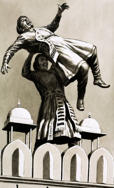 Akbar, König von Hindustan, warf den Mörder Adham Khan vom Palastdach von English School