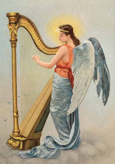 Allegorisches Bild der Musik, mit einem Engel, der die Harfe spielt von English School