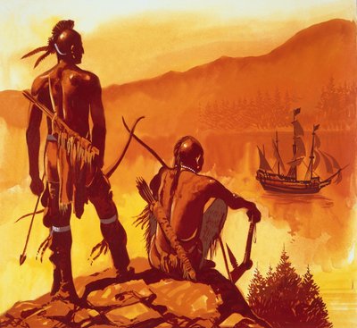 Indianer betrachten das Schiff der Eindringlinge von English School