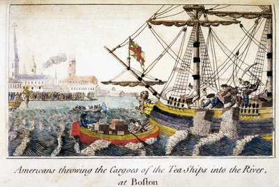 Amerikaner werfen die Ladungen der Teeschiffe in den Fluss, in Boston, aus Geschichte Nordamerikas, veröffentlicht in London von English School
