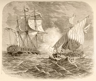 Ein amerikanisches Marineschiff erobert ein algerisches Piratenschiff vor der Barbareskenküste während des Ersten Barbareskenkriegs (Lithografie) von English School