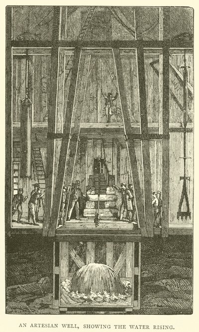 Ein Artesischer Brunnen, der das aufsteigende Wasser zeigt (Stich) von English School