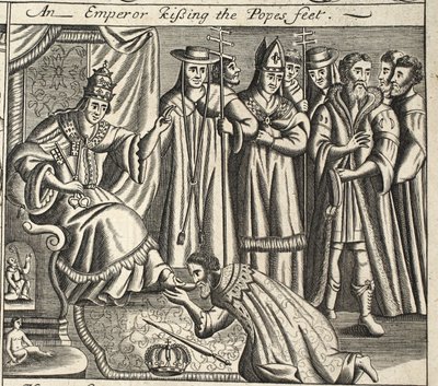 Ein Kaiser küsst die Füße des Papstes, Illustration aus Acts and Monuments von John Foxe, neunte Ausgabe, veröffentlicht 1684 von English School