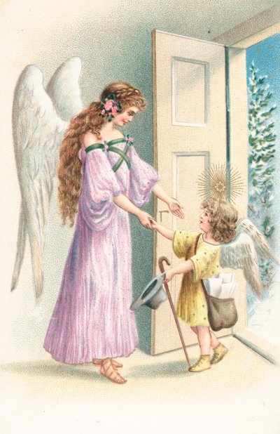 Ein Engel steht an einer offenen Tür und begrüßt einen Cherub von English School