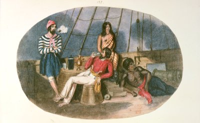 Ein Offizier und Matrose mit Einheimischen an Bord eines Schiffes, aus 