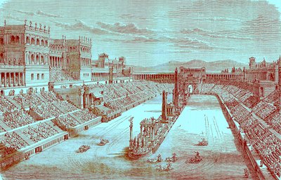 Antikes Arena wiederhergestellt - Darstellung eines Wagenrennens, Illustration aus Die illustrierte Geschichte der Welt, veröffentlicht um 1880 (digital verbessert) von English School