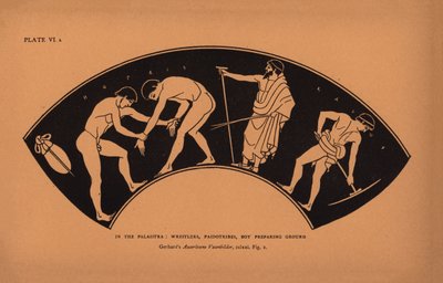 Antike griechische Erziehung: In der Palaistra, Ringer, Paidotribes, Junge bereitet den Boden vor (Lithografie) von English School
