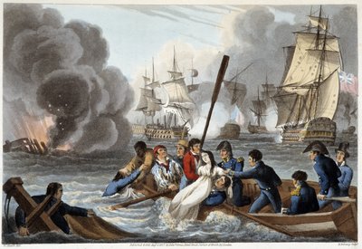 Anekdote bei Trafalgar in "Historical, military and naval anecdotes and incidents that arrived at the arms of Great Britain and their allies, ending in Waterloo" von Edward Orme. Illustriert von Fry, Sutherland, Clark, Dubourg, W.Heart, JA, Atkinson... Ed. von English School